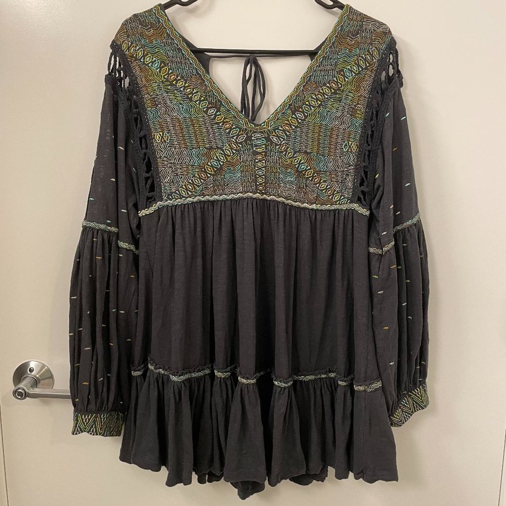 Free People Black Tunic with Multicolor Embroidered Yoke